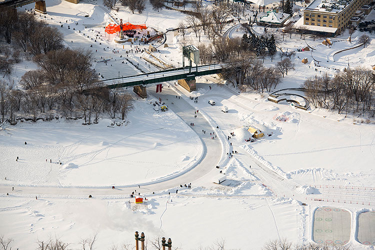 Winter skating trail Winnipeg aerial